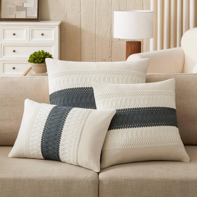 ZeeMart 2 Packs Cotton Boho Throw Pillow Covers 22x22 Inch Contrast/Charcoal  Soft Farmhouse Decorative Couch Pillow Cases Dark Grey Cushion Covers for Sofa Bed Living Room Home Decor - Image 5