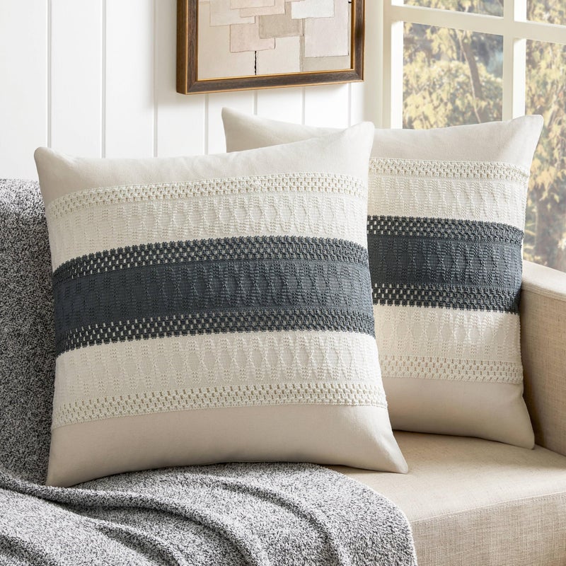 ZeeMart 2 Packs Cotton Boho Throw Pillow Covers 22x22 Inch Contrast/Charcoal  Soft Farmhouse Decorative Couch Pillow Cases Dark Grey Cushion Covers for Sofa Bed Living Room Home Decor - Image 1