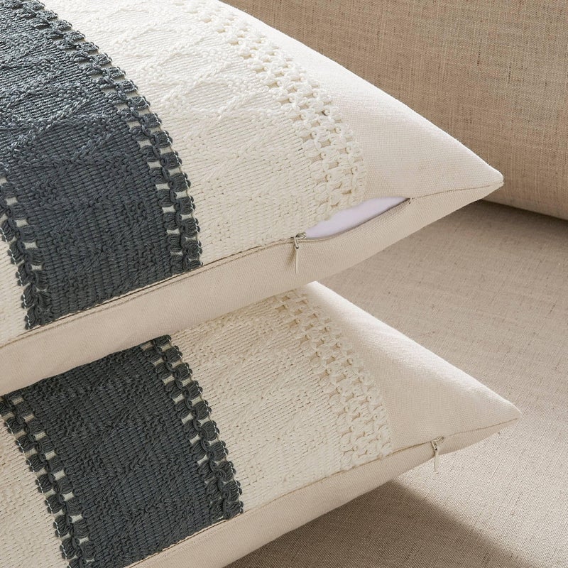 ZeeMart 2 Packs Cotton Boho Throw Pillow Covers 22x22 Inch Contrast/Charcoal  Soft Farmhouse Decorative Couch Pillow Cases Dark Grey Cushion Covers for Sofa Bed Living Room Home Decor - Image 3