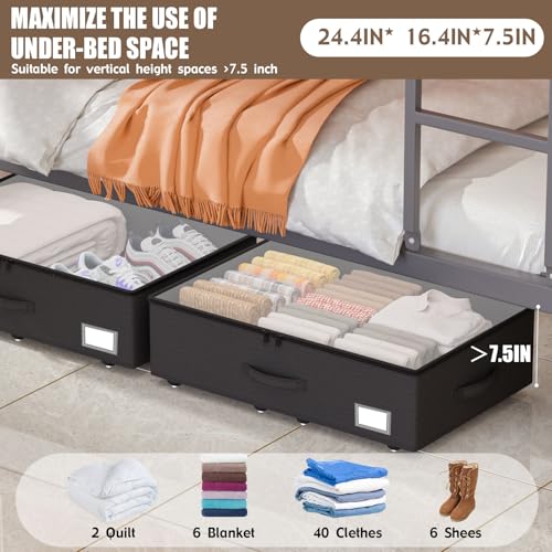 EE-RoomWorld Underbed Storage Bins with Wheels, No Assembly Required - 7.5 inch height Black Large Capacity Rolling Underbed Containers for Shoes, Dorm under bed storage drawers - Image 2