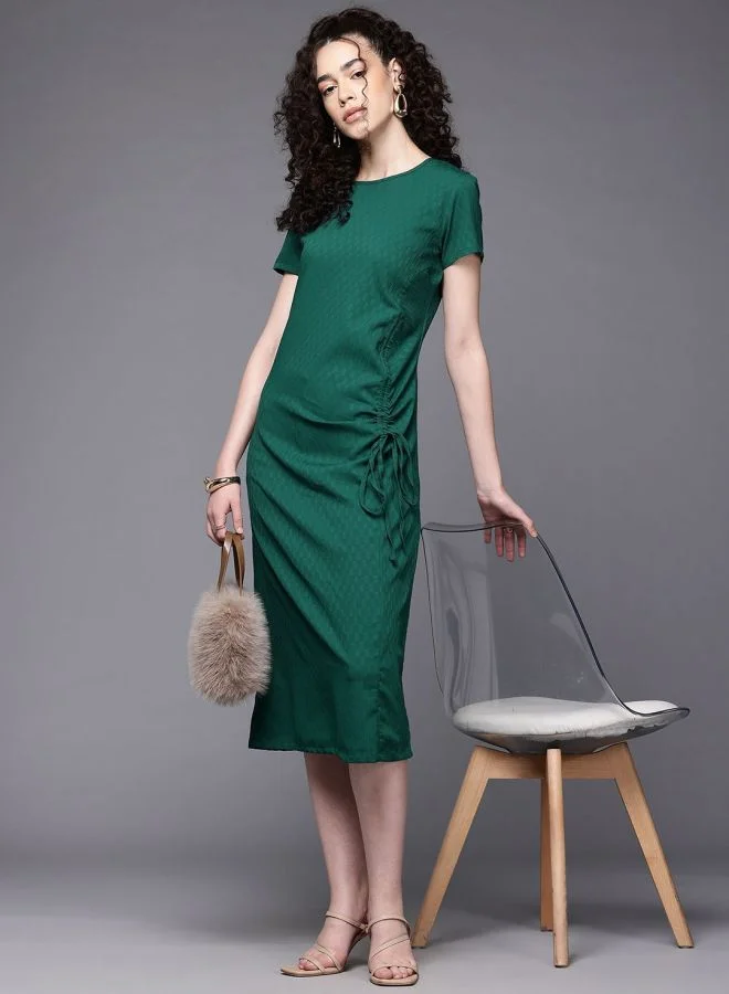 مرفوعة Women Relaxed Fit Textured Crew Neck Short Sleeve Ruched Dress
