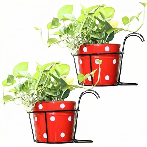 Leafy Tales Metal Hanging Flower Pot Railing Stand (Set of 2) - Rust-Proof Black Plant Holders for Balcony Grill & Terrace | Heavy Duty Hanging Planter Baskets for Home Garden Decor - Image 1