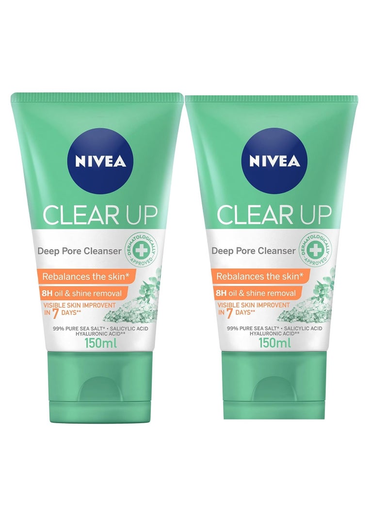 Nivea Face Wash Deep Pore Cleanser, Clear Up, Visible Skin Improvement, Sea Salt, Salicylic & Hyaluronic Acid, 150ml x 2 - Image 1