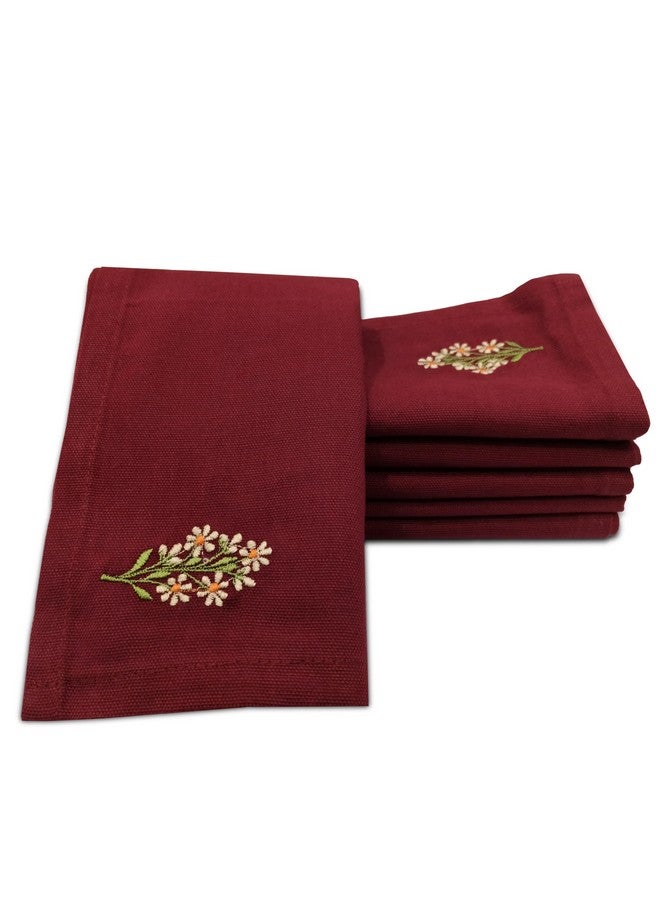 Encasa XO Dining Table Napkins Set of 6 | Cotton Cloth Napkin 43x43 cm | Maroon Flower Embroidery Deisgn - Image 1