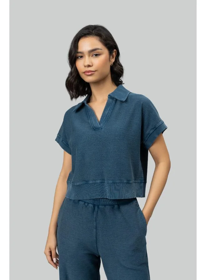 نسيسيرا Blue Textured Terry Polo Tee
