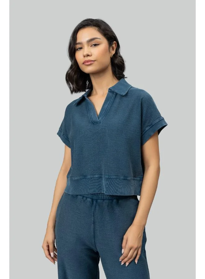 NeceSera Blue Textured Terry Polo Tee