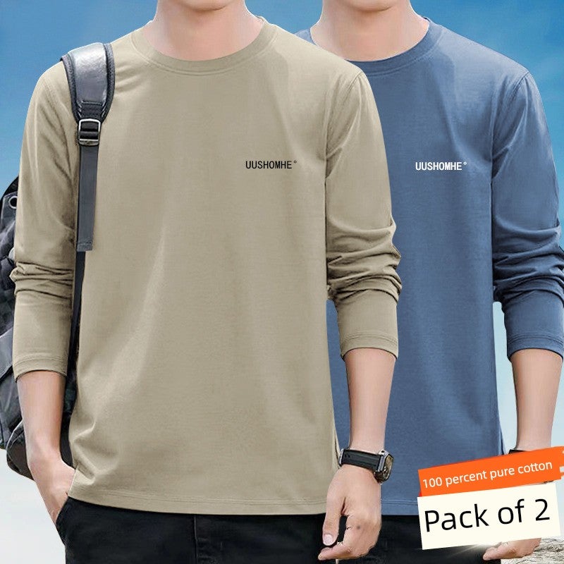 100% pure cotton long-sleeved men's spring and autumn thin casual sports versatile trendy plus-size top cotton round-neck base shirt - Image 2
