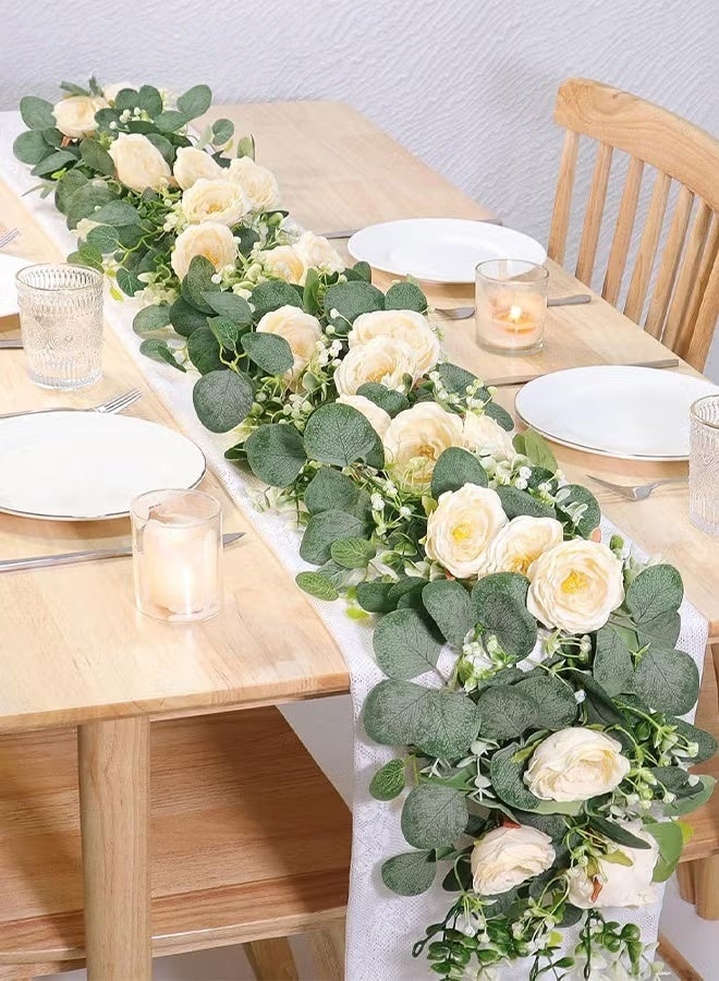 EETU 6FT Artificial Eucalyptus Garland with Flowers,Fake Rose Garland, Faux Floral Garland Greenery Garland For Wedding Spring Home Party Craft Art Table Runner Decor - Image 1