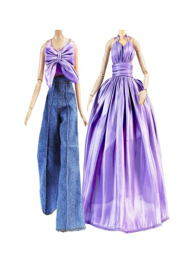 E-TING 2 Sets Doll's Dream Outfits: Shiny Glitzy Gala Purple Dress and Bell-Bottom Jeans Set for 11.5 Inch Girl Doll - Image 1