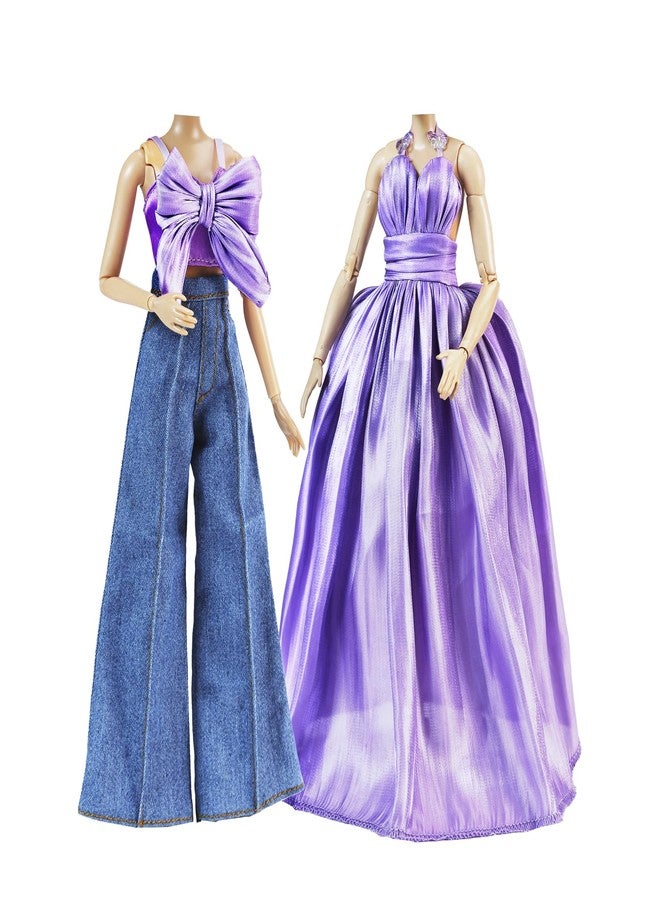 E-TING 2 Sets Doll's Dream Outfits: Shiny Glitzy Gala Purple Dress and Bell-Bottom Jeans Set for 11.5 Inch Girl Doll - Image 2