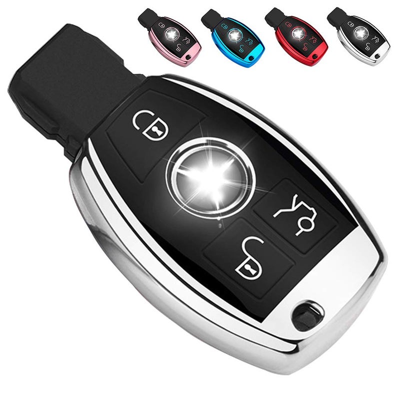 QBUC for Mercedes Benz Key Fob Cover, Key Fob Case for Mercedes Benz C E M S CLS CLK GLK GLC G Class, TPU Full Protection Key Fob Shell Compatible Keyless Smart Key Fob(Sliver)