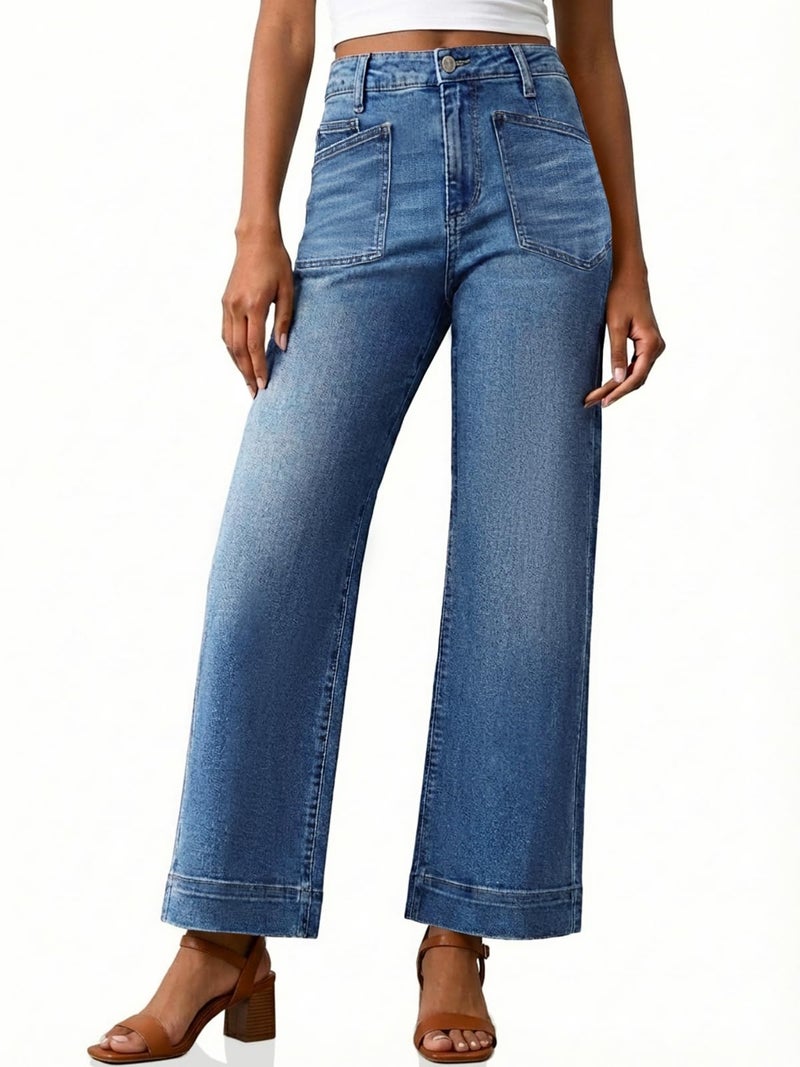 Cicy Bell Womens Cropped Wide Leg Jeans Stretchy High Waisted Trendy Capri Baggy Denim Ankle Pants with Pockets - Image 1