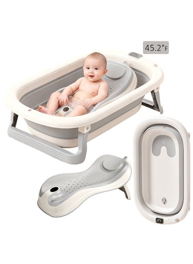 Foldable baby bathtub with a supportive bath stand, temperature sensor, and wall-mount folding feature - Image 1