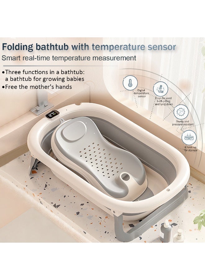 Foldable baby bathtub with a supportive bath stand, temperature sensor, and wall-mount folding feature - Image 2