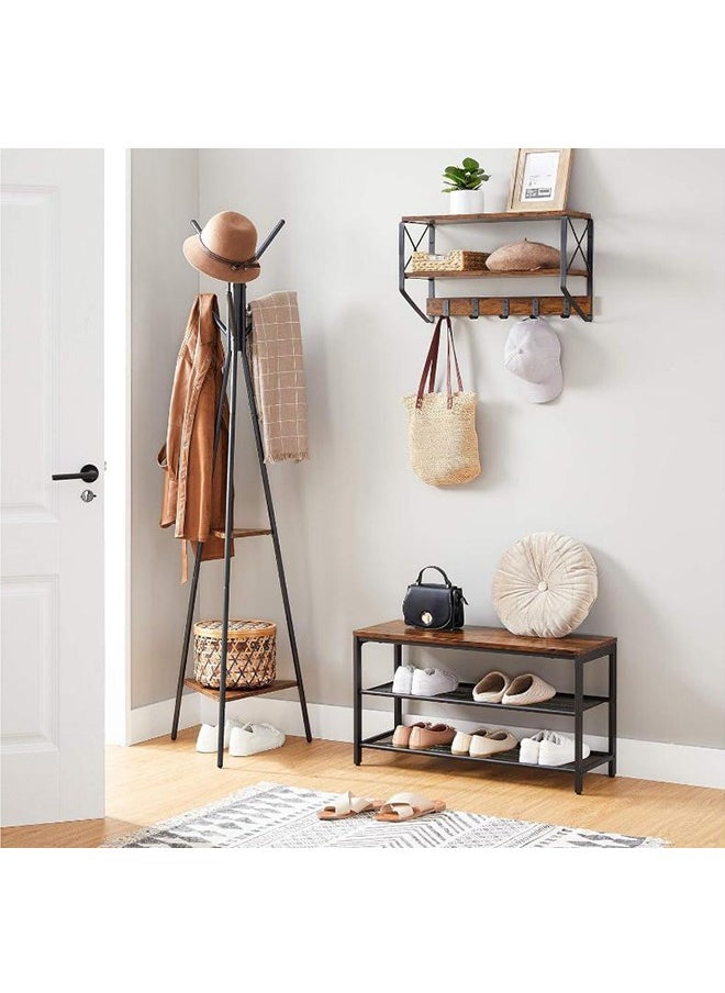 Arabest - Three-Pronged Coat Rack Freestanding, Coat Hanger Stand, Hall Tree With 2 Shelves, For Clothes, Hat, Bag, Industrial Style, Rustic Brown And Black 180 Cm - Image 1