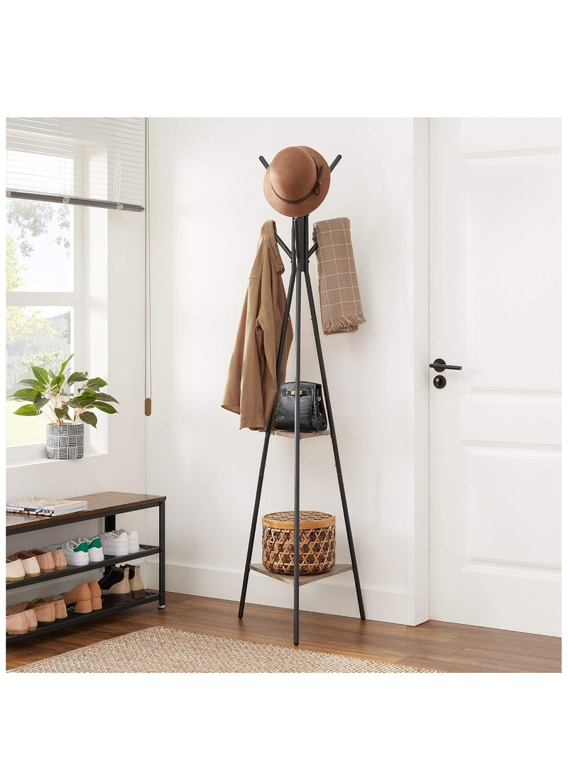 Arabest - Three-Pronged Coat Rack Freestanding, Coat Hanger Stand, Hall Tree With 2 Shelves, For Clothes, Hat, Bag, Industrial Style, Rustic Brown And Black 180 Cm - Image 1