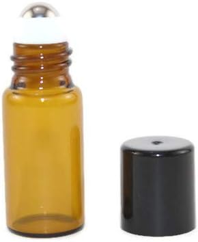 HS HEALTHY SOLUTIONS GLASSWARE 144 Amber Glass 3 ml Mini Roll-On Glass Bottles with 144 Stainless Steel Roller Balls and Flat Black Caps - Refillable Aromatherapy Essential Oil Roll On (144)