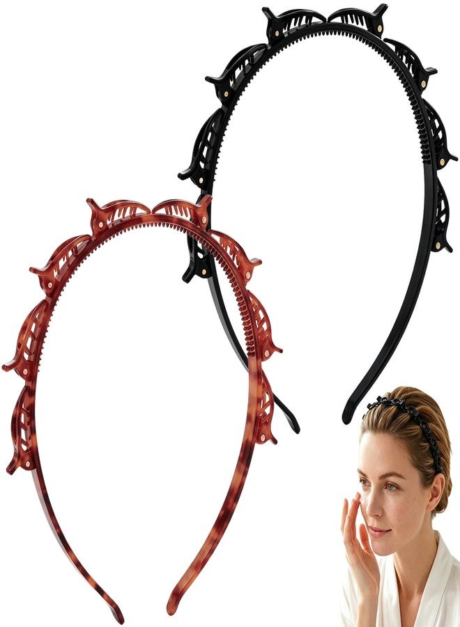 Winsyison 2pcs Clip Bang Headband for Women, Multi Layer Toothed Braid Clips, Butterfly Non-Slip Hair Bands Styling Accessories for Weave Twisty Bangs Curly Hair- Black & Brown - Image 1