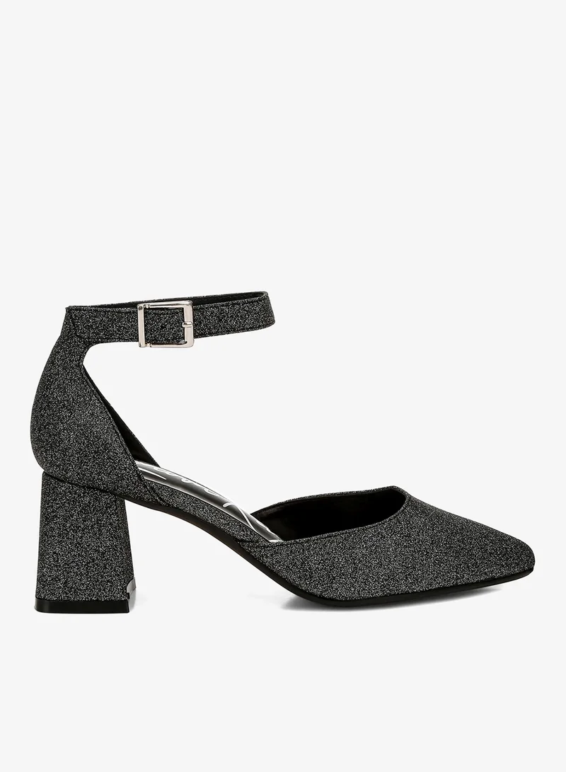 Glitter Block Heel Sandals in Black