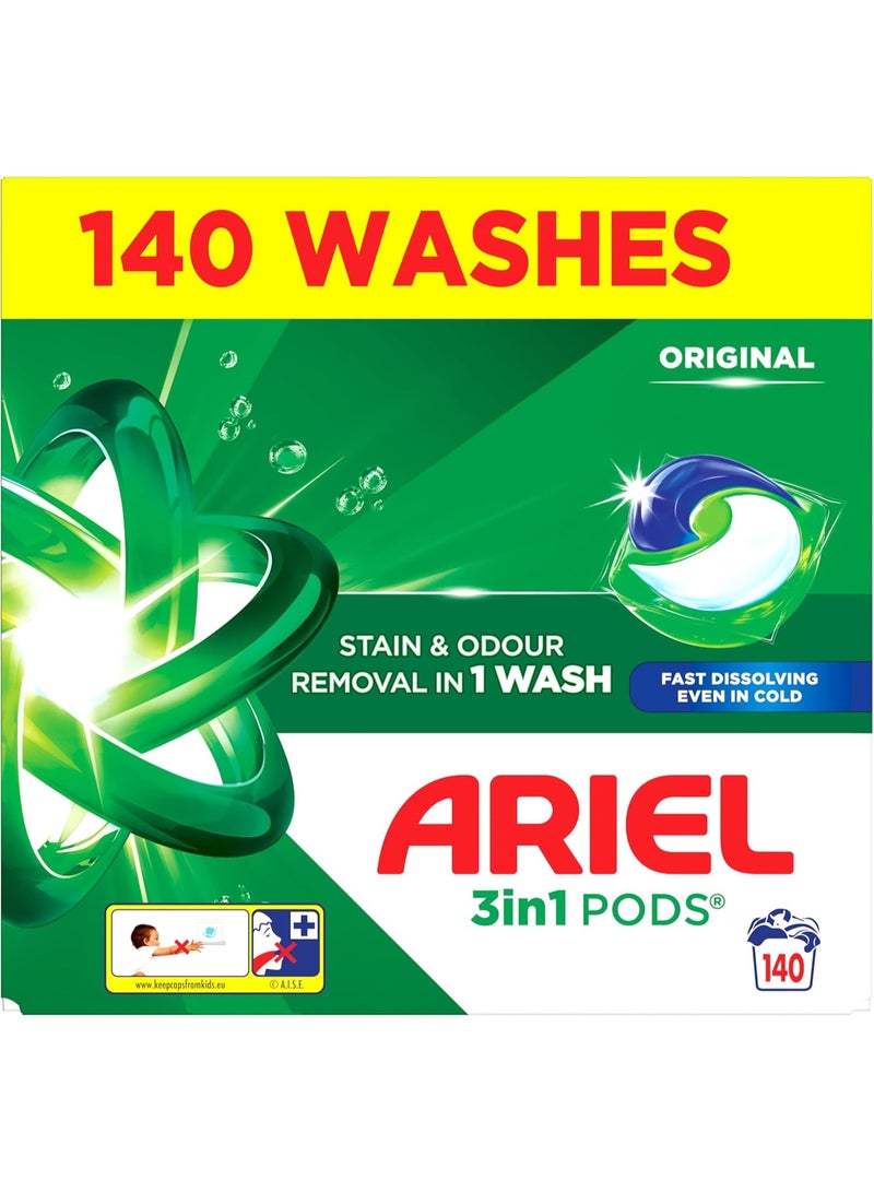 3 In 1 Original Pods Washing Capsules, Stain & Odour Removal In 1 Wash, Fast Dissolving Even In Cold - 140 Washes