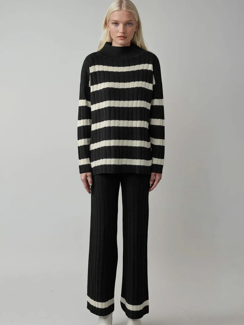 MY FASHION Black MY FASHION Striped Sweater & Pants Knitwear Co-ord Set for Women | Best Price UAE