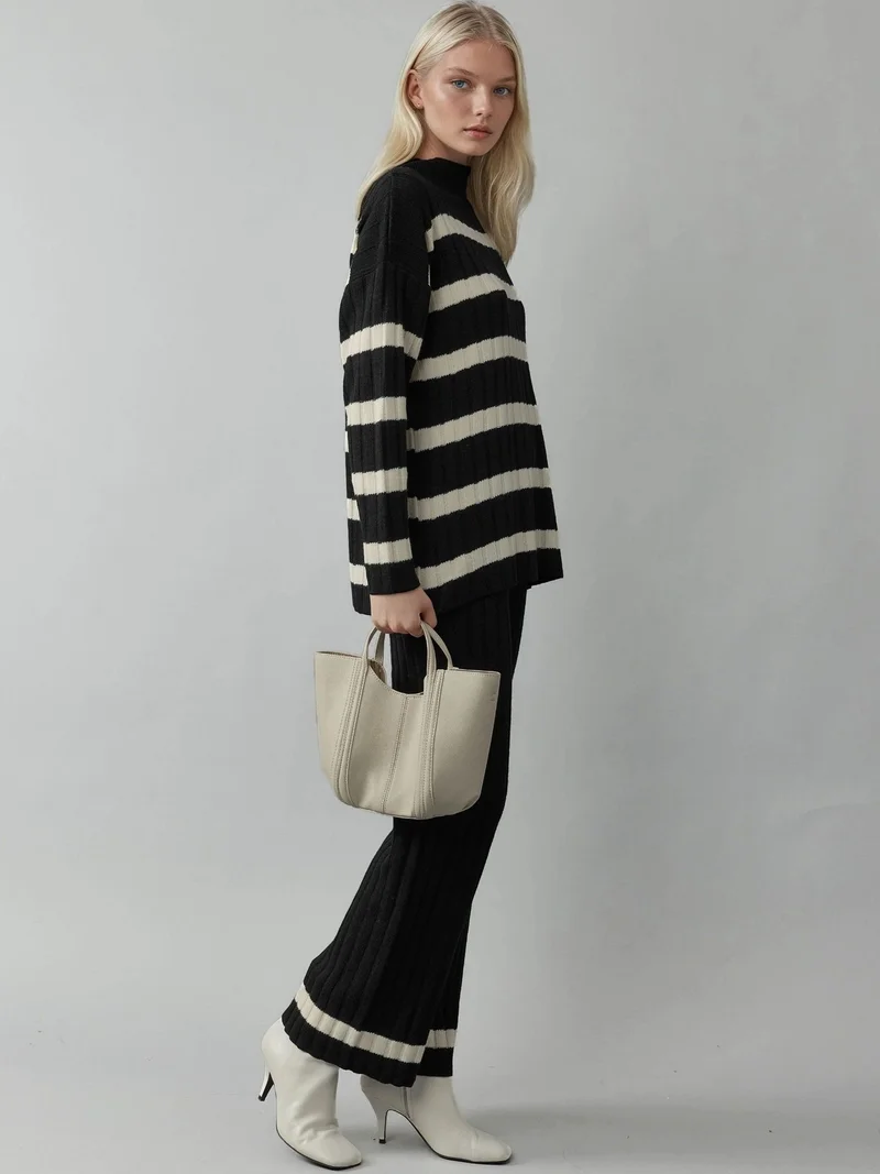 MY FASHION Black MY FASHION Striped Sweater & Pants Knitwear Co-ord Set for Women | Best Price UAE