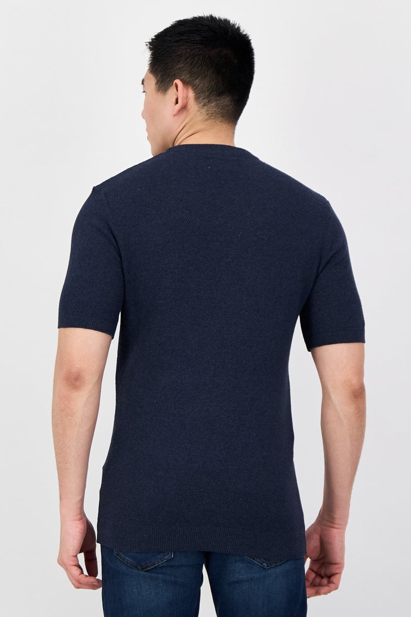 Threadbare Men Crew Neck Short Sleeve Knitted T-Shirt, Navy Blue - Image 3