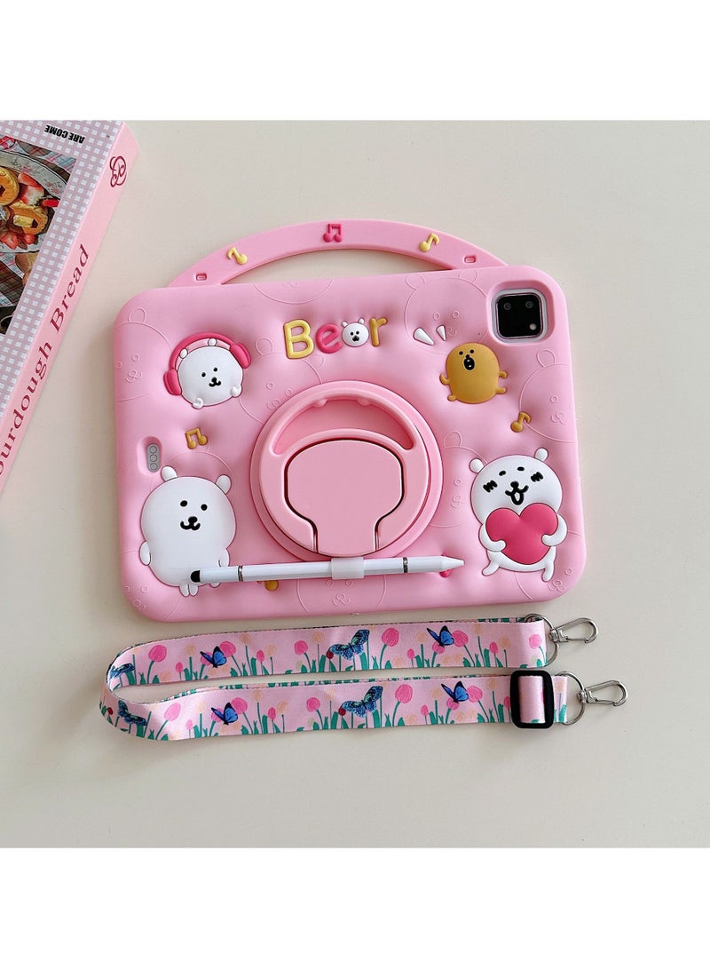 Cartoon Bear iPad Pro Case for 11-inch Models (2018/2020/2021) Includes Shoulder Strap  360-Degree Rotating Stand Silicone Shockproof Tablet Case - Image 1