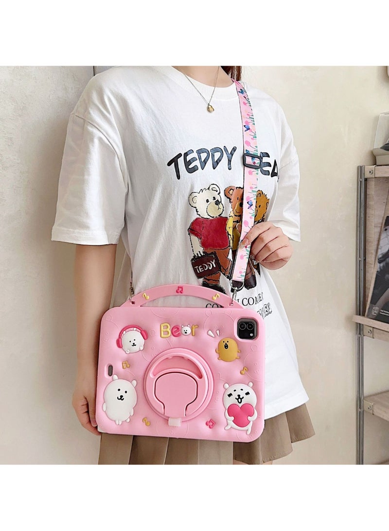 Cartoon Bear iPad Pro Case for 11-inch Models (2018/2020/2021) Includes Shoulder Strap  360-Degree Rotating Stand Silicone Shockproof Tablet Case - Image 2