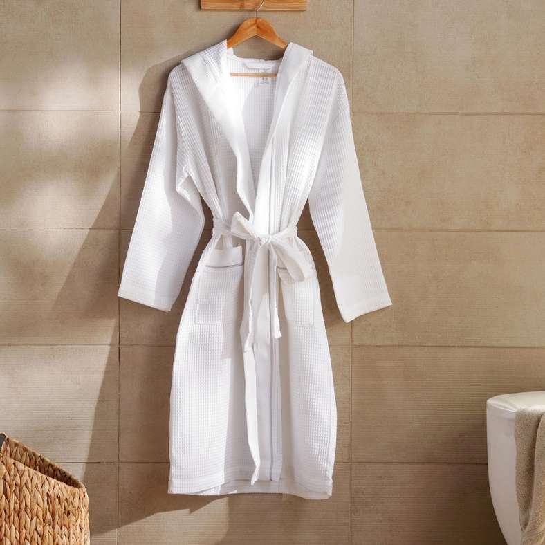 Pan Home Hooded Waffle Bathrobe for Women - White - Image 1