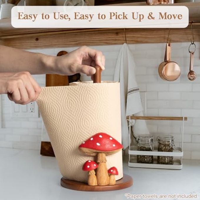 YLOVAN Mushroom Paper Towel Holder Cottagecore Decor Mushroom Kitchen Home Cottagecore Accessories Cute Stuff, Unique Wood Paper Towel Holder Stand Kitchen Countertop 12.57 in - Image 3