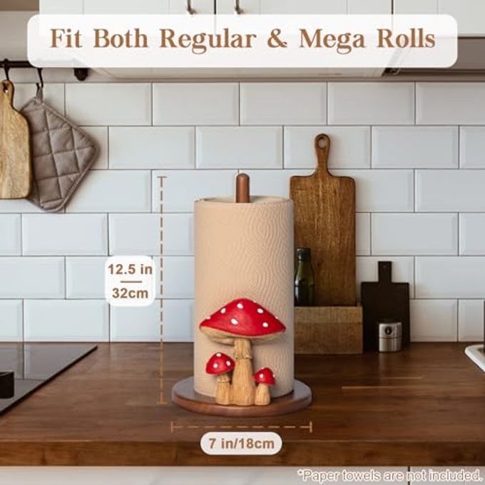 YLOVAN Mushroom Paper Towel Holder Cottagecore Decor Mushroom Kitchen Home Cottagecore Accessories Cute Stuff, Unique Wood Paper Towel Holder Stand Kitchen Countertop 12.57 in - Image 5