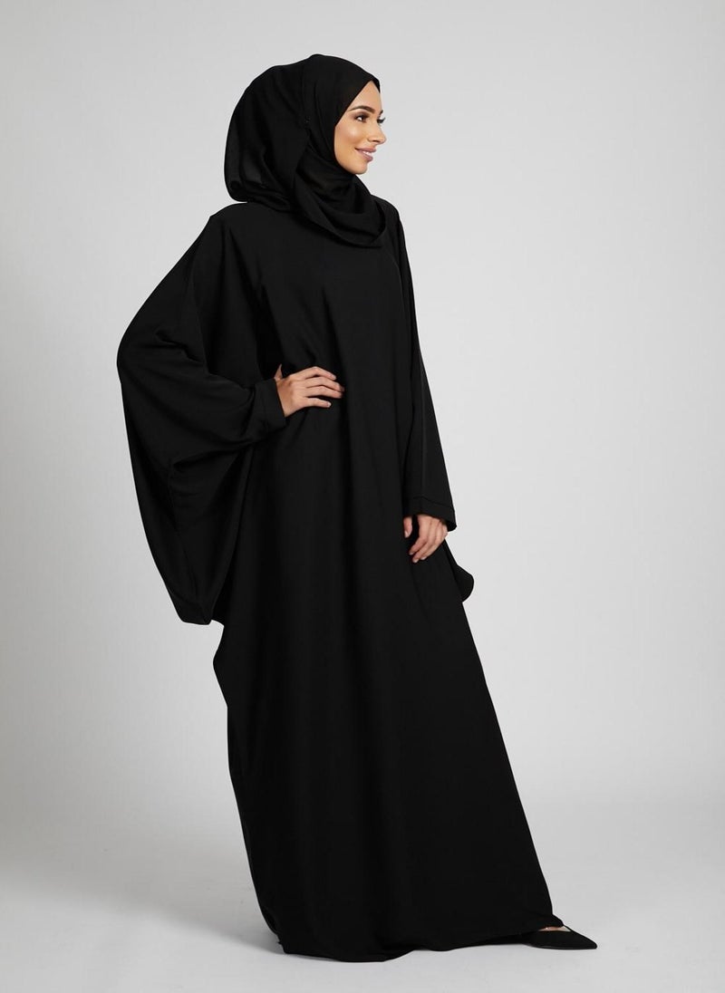 NUKHBAA Elegant Black plain abaya wityh belt and Hijab-AB91  - Image 3