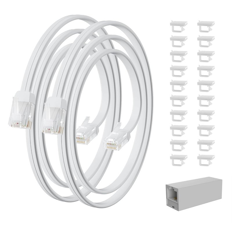 HIFIND Telephone Extension Cord 10 Ft/2 Pack, Anti-UV Weatherproof Phone Cable Line Wire with Standard RJ11 Plug for Landline Modem Fax Machine Outdoor with 1 in-Line Coupler&Clip Holders -Flat-White - Image 1