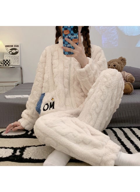 Winter Plush Zip-Up Loungewear Set Pure White