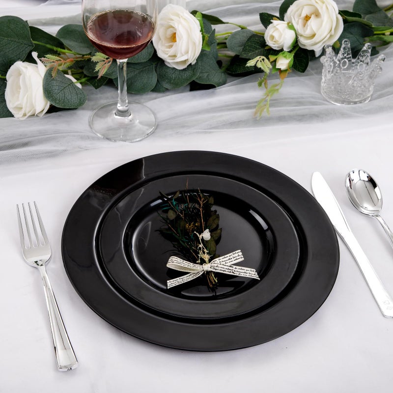 FLOWERCAT 100PCS Black Plastic Plates - Heavy Duty Black Disposable Plates for Halloween Party/Graduation/Wedding - serve 50guests 10.25inch and 7.5inch Set - Image 3