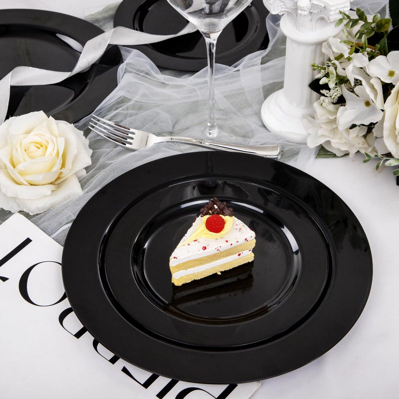 FLOWERCAT 100PCS Black Plastic Plates - Heavy Duty Black Disposable Plates for Halloween Party/Graduation/Wedding - serve 50guests 10.25inch and 7.5inch Set - Image 5