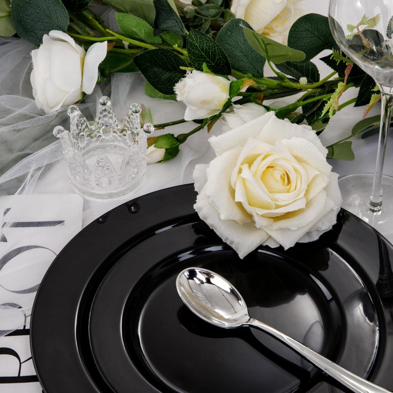 FLOWERCAT 100PCS Black Plastic Plates - Heavy Duty Black Disposable Plates for Halloween Party/Graduation/Wedding - serve 50guests 10.25inch and 7.5inch Set - Image 4