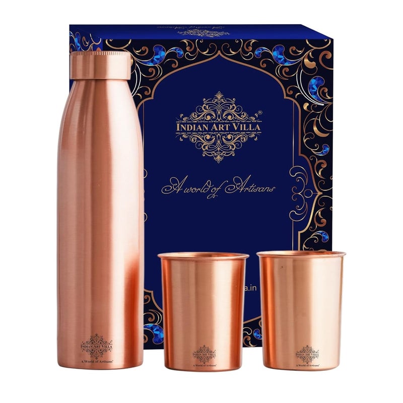 INDIAN ART VILLA INDIAN ART VILLA Pure Copper Drinkware Gift Set of Seamless Design 1 Bottle 2 Glass with Gift Box Gift Item for Diwali Birthday Parties Bottle900 Ml Glass275 Ml - Image 1