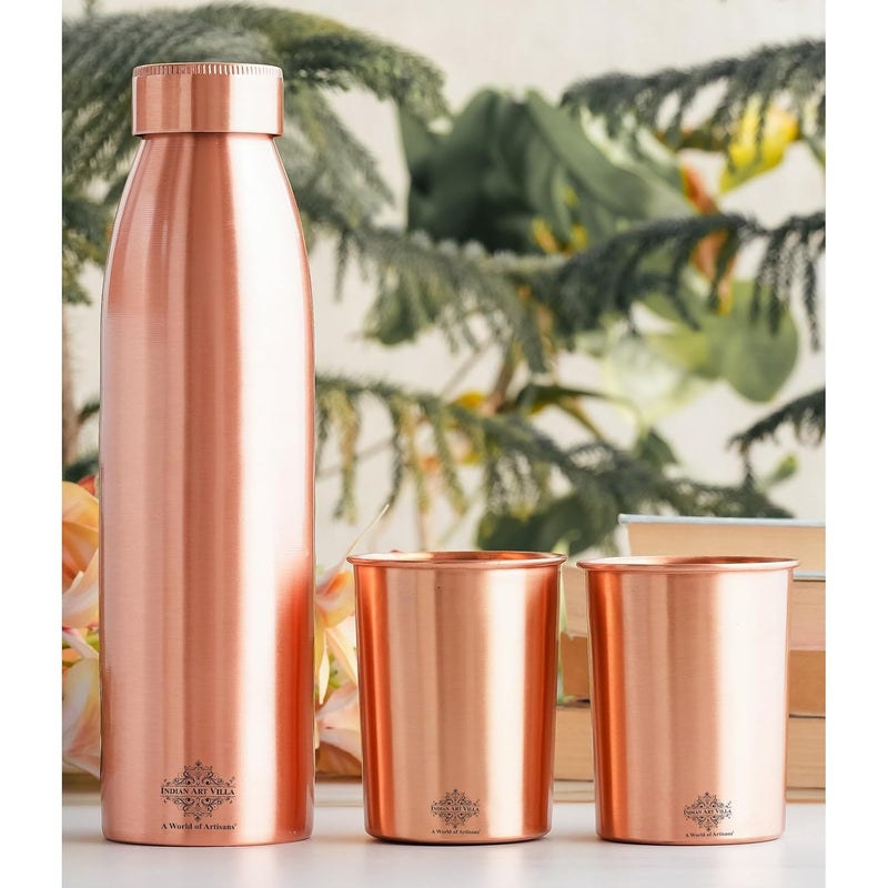 INDIAN ART VILLA INDIAN ART VILLA Pure Copper Drinkware Gift Set of Seamless Design 1 Bottle 2 Glass with Gift Box Gift Item for Diwali Birthday Parties Bottle900 Ml Glass275 Ml - Image 3