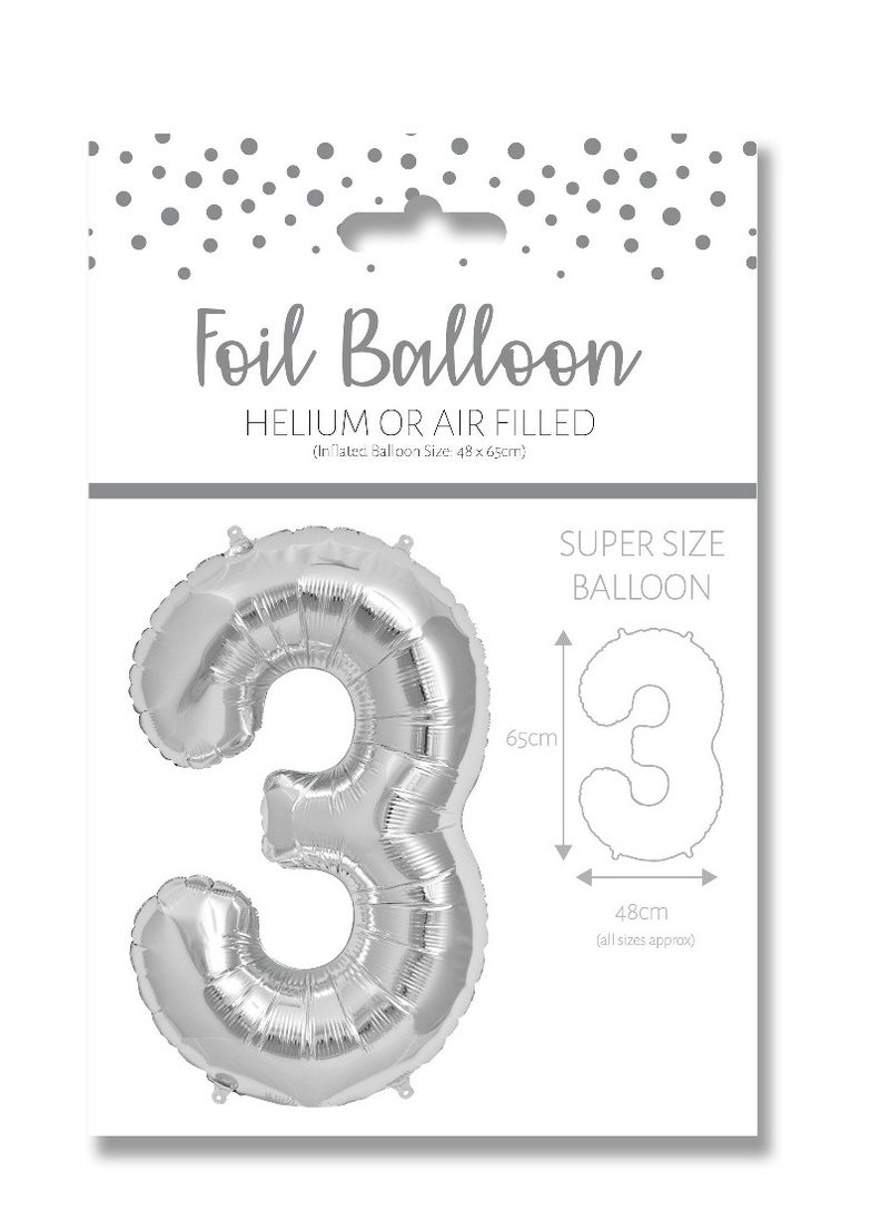 EuroWrap - Number 3 Silver Foil Balloon 65cm - Perfect for Celebrations Like Birthdays and Decor. - Image 1