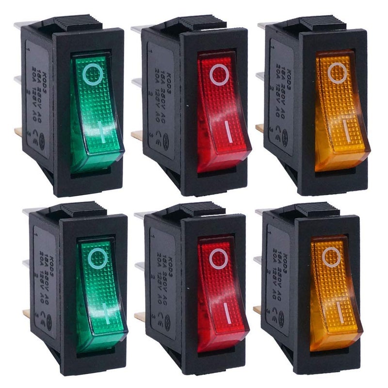 Twidec /6Pcs Rocker Switch 3 Pins 2 Position ON/Off AC 20A 125V 15A 250V SPST Yellow, Red and Green LED Light Illuminated Boat Rocker Switch Toggle KCD3-101N-YGR - Image 1