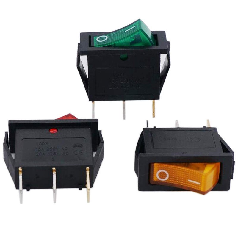 Twidec /6Pcs Rocker Switch 3 Pins 2 Position ON/Off AC 20A 125V 15A 250V SPST Yellow, Red and Green LED Light Illuminated Boat Rocker Switch Toggle KCD3-101N-YGR - Image 2