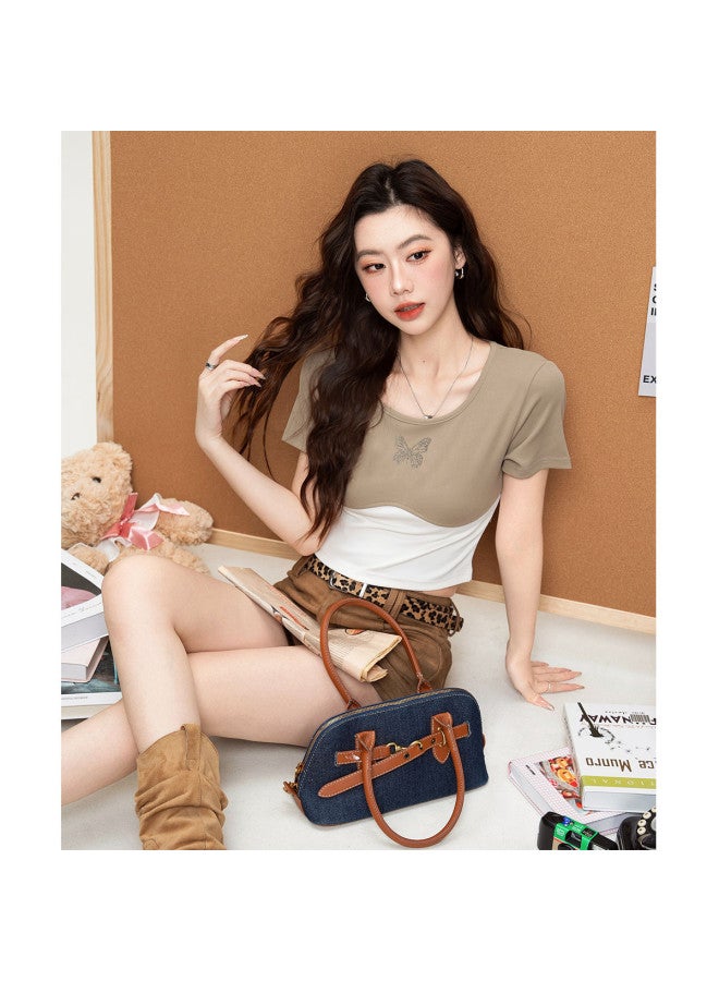 Hstyle تي شيرت صيفي قصير بألوان متباينة على شكل حرف U من أمريكا، تصميم ضيق بطبعة فراشة - Image 3