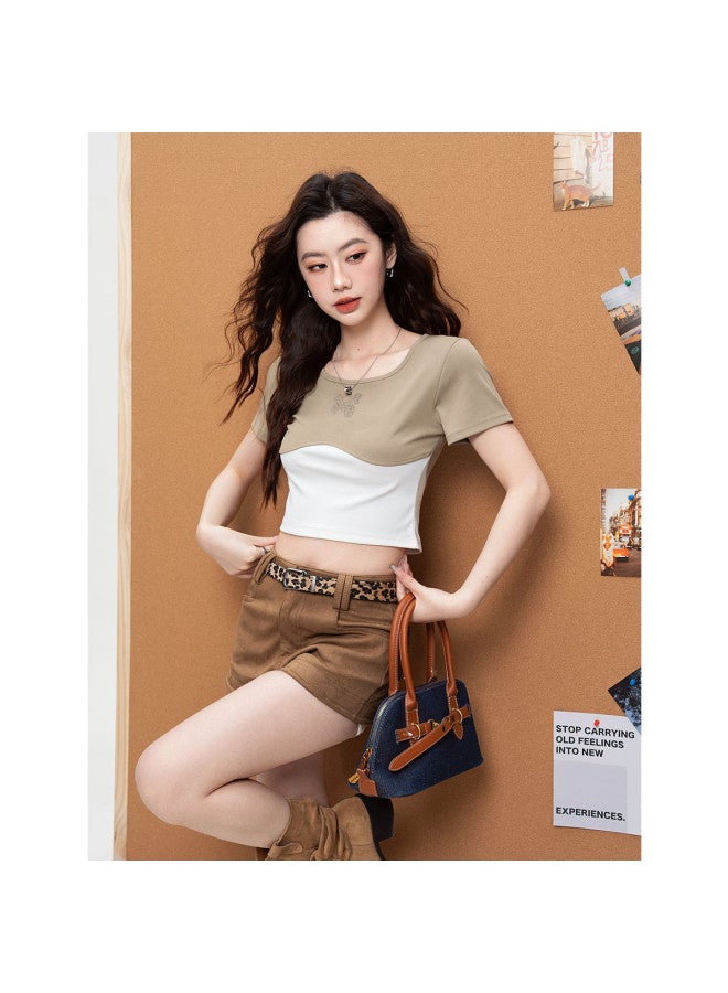 Hstyle تي شيرت صيفي قصير بألوان متباينة على شكل حرف U من أمريكا، تصميم ضيق بطبعة فراشة - Image 5