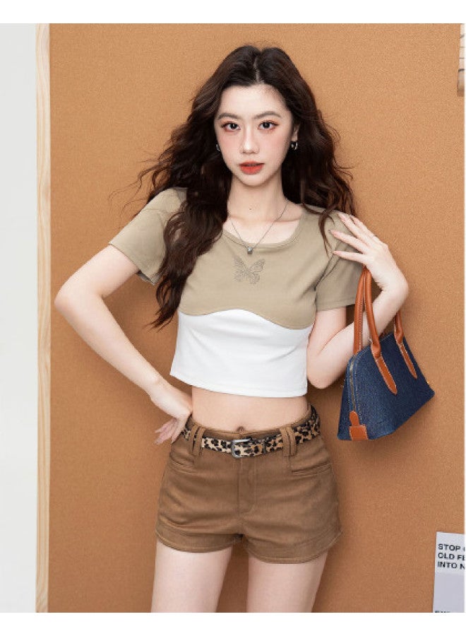 Hstyle تي شيرت صيفي قصير بألوان متباينة على شكل حرف U من أمريكا، تصميم ضيق بطبعة فراشة - Image 1