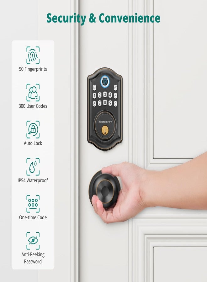 AkaGear Keyless Entry Door Lock with Door Knob Handle, Fingerprint Door Locks, Electronic Smart Deadbolt, Keypad Door Lock with Code, Smart Locks for Front Doors, Auto-Lock & One Touch Locking - Image 4