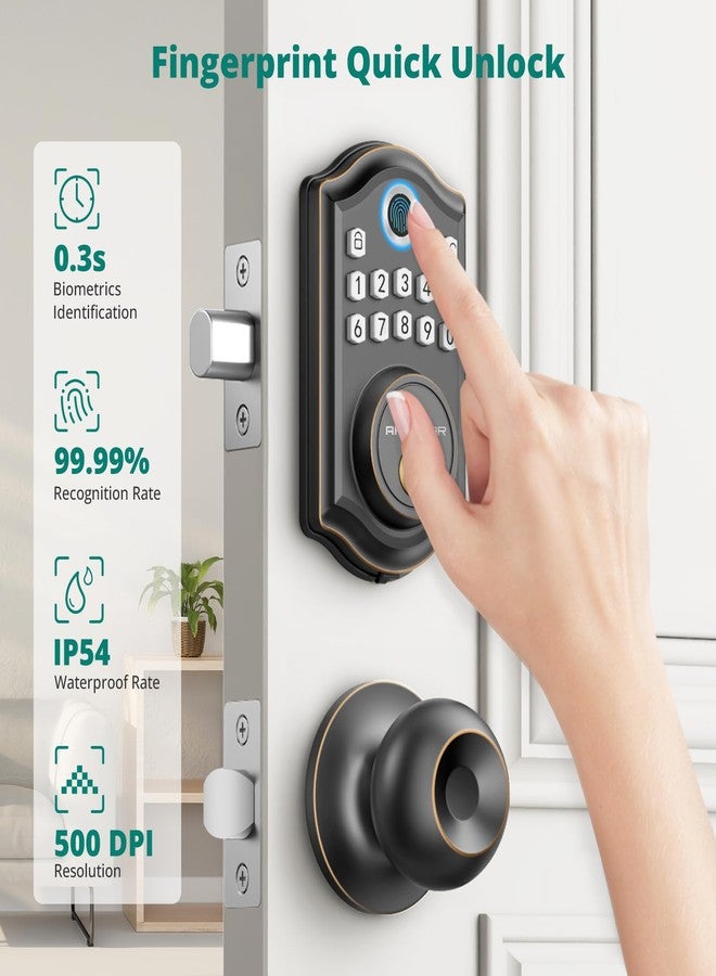 AkaGear Keyless Entry Door Lock with Door Knob Handle, Fingerprint Door Locks, Electronic Smart Deadbolt, Keypad Door Lock with Code, Smart Locks for Front Doors, Auto-Lock & One Touch Locking - Image 2