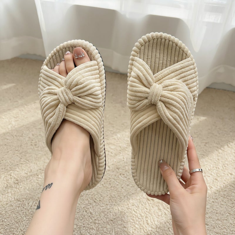 Upgraded Women House Slippers Bow Cross Band High Elastic Quiet Non Slip Black Size 35 - Image 2