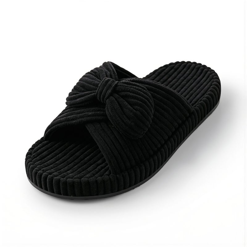 Upgraded Women House Slippers Bow Cross Band High Elastic Quiet Non Slip Black Size 35 - Image 3
